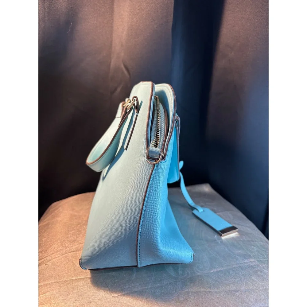 Blue Saffiano Dome Satchel Bag with Gold Heart Detail and Striped Lining